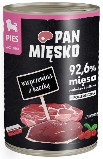 Pan Mięsko Karma mokra dla szczeniąt Wieprzowina z kaczką puszka 400g